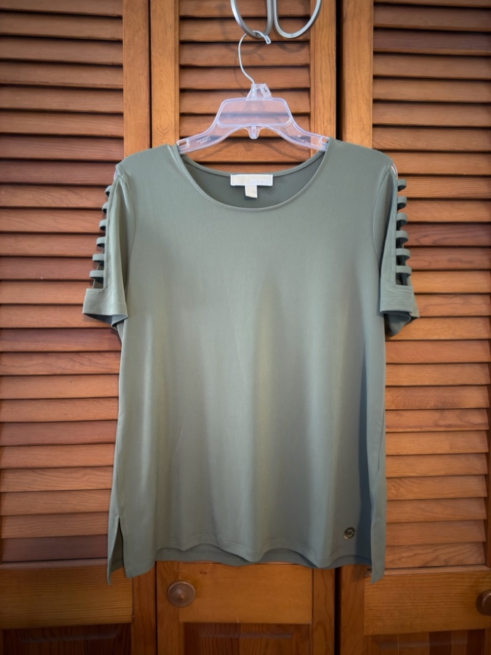 Michael Kors Olive Green Short Sleeve Top with Ladder Cutout Sleeves